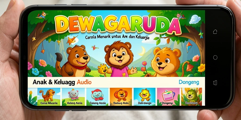 Antarmuka DEWAGARUDA yang ramah anak dengan koleksi cerita audio.