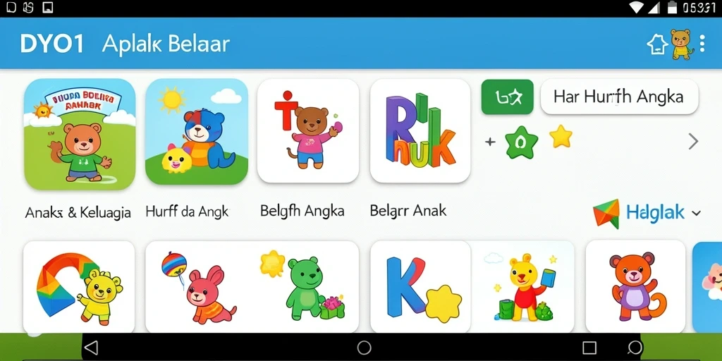 Tampilan DYO1 dengan permainan edukatif untuk belajar huruf dan angka.